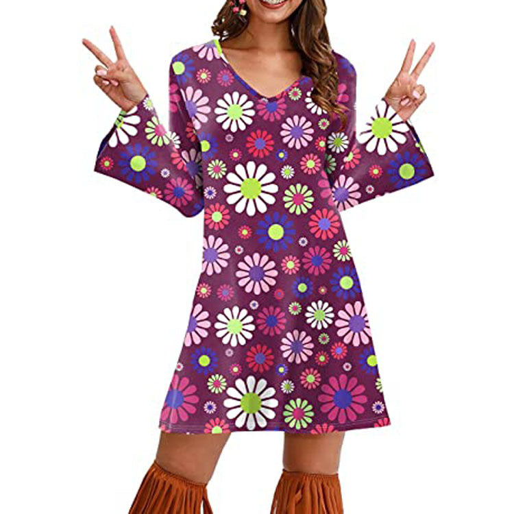 Hippie Clothing Print Dress Women in Brown