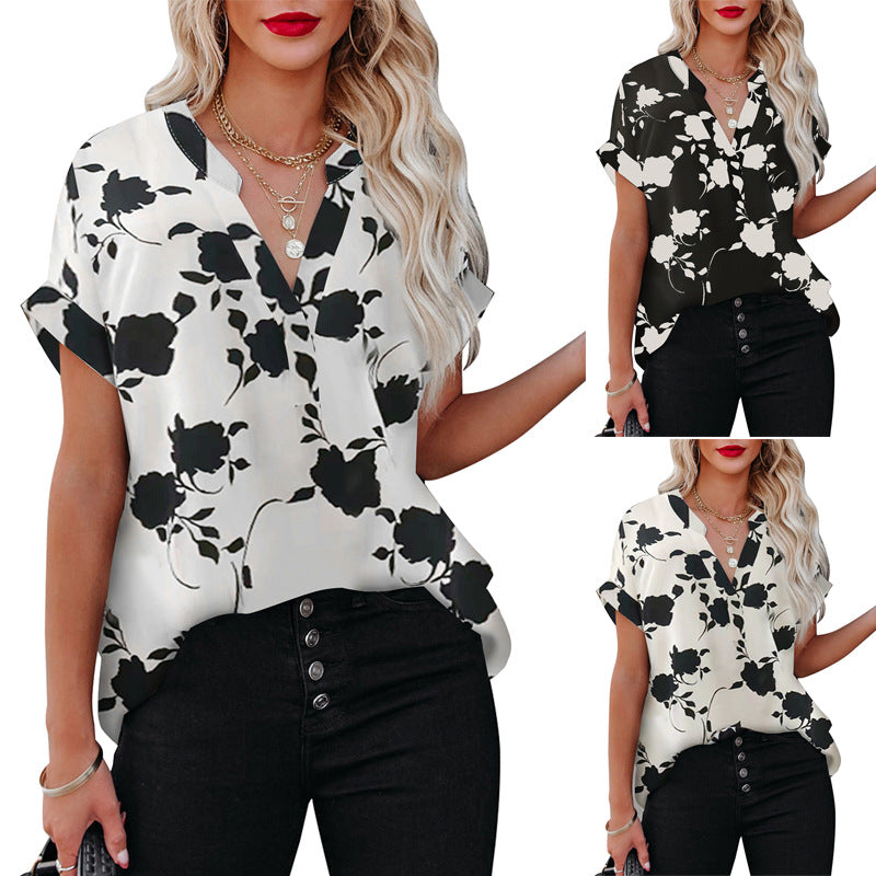 Summer Women's Clothing New Floral Print Short Sleeve Shirt for Women in White