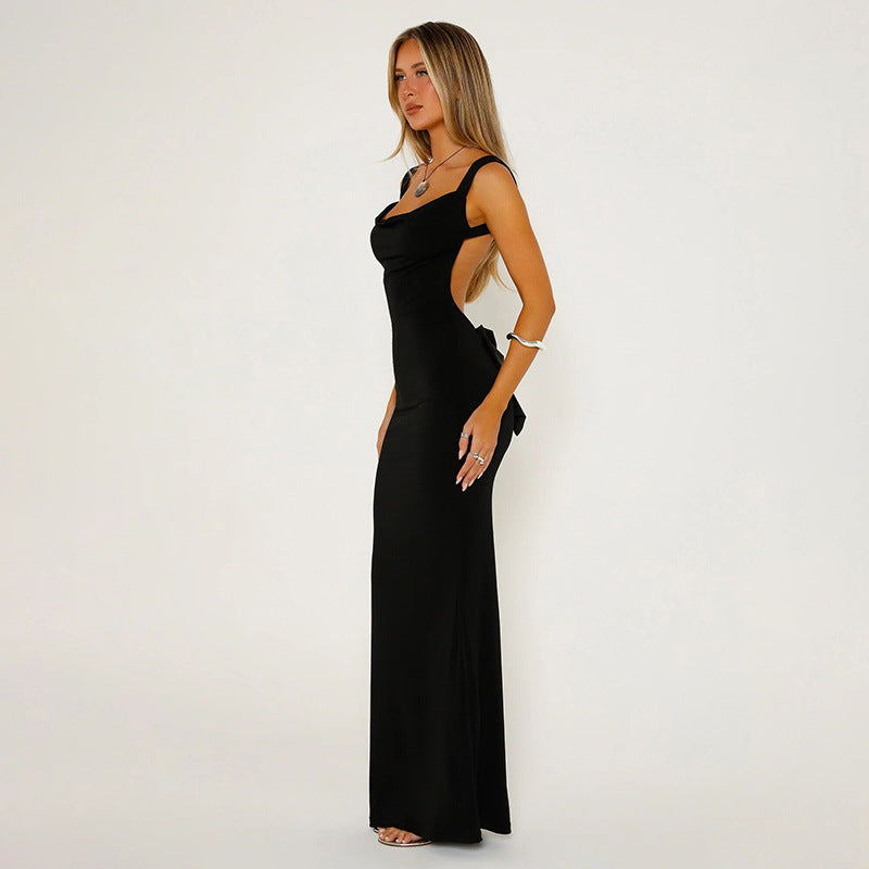 Spring New Women's Clothing Fashion Suspenders Sexy Backless Bow Slim Sheath Dress Women in Black