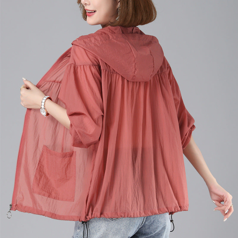 Spring New Loose Blouson Sun Protection Clothing for Women in Brick Red