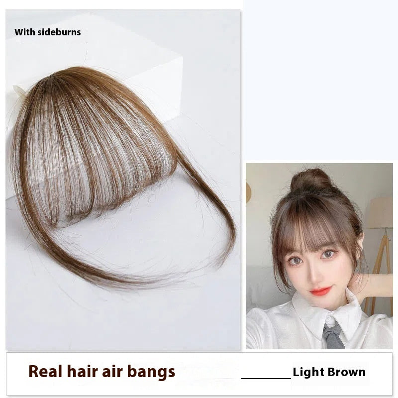 Real Hair Bangs Wig Set Clip-in Bang Women's Natural Light in Half Hand Woven Dark Brown