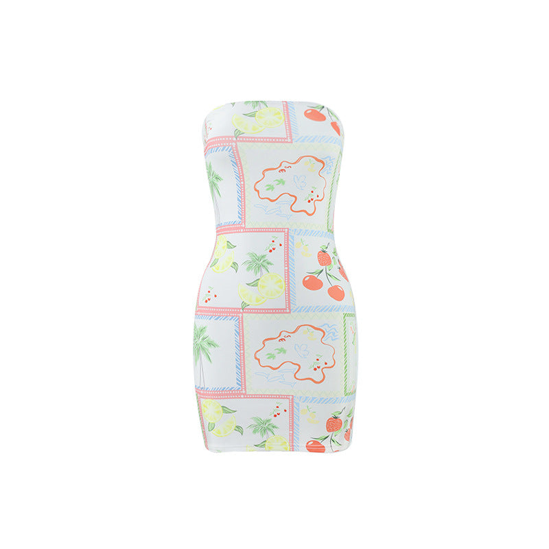 Sexy Women Clothing Tube Top Multi-color Printing Slim-fit Sheath Short Dress in Color Four