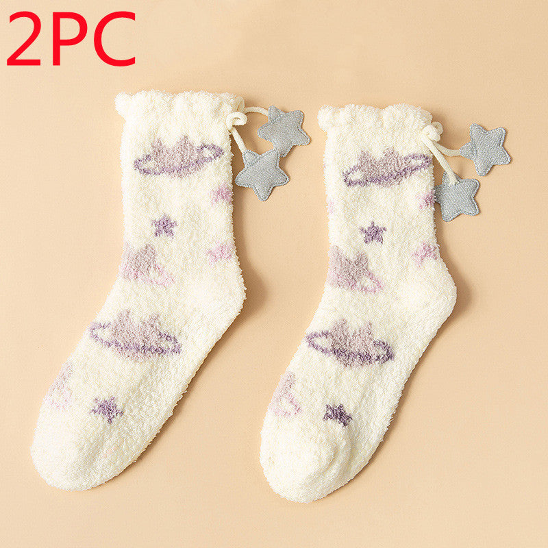 Winter Thick Women's Socks Japanese Sweet Girl Coral Fleece in Wisteria night sky 2PC