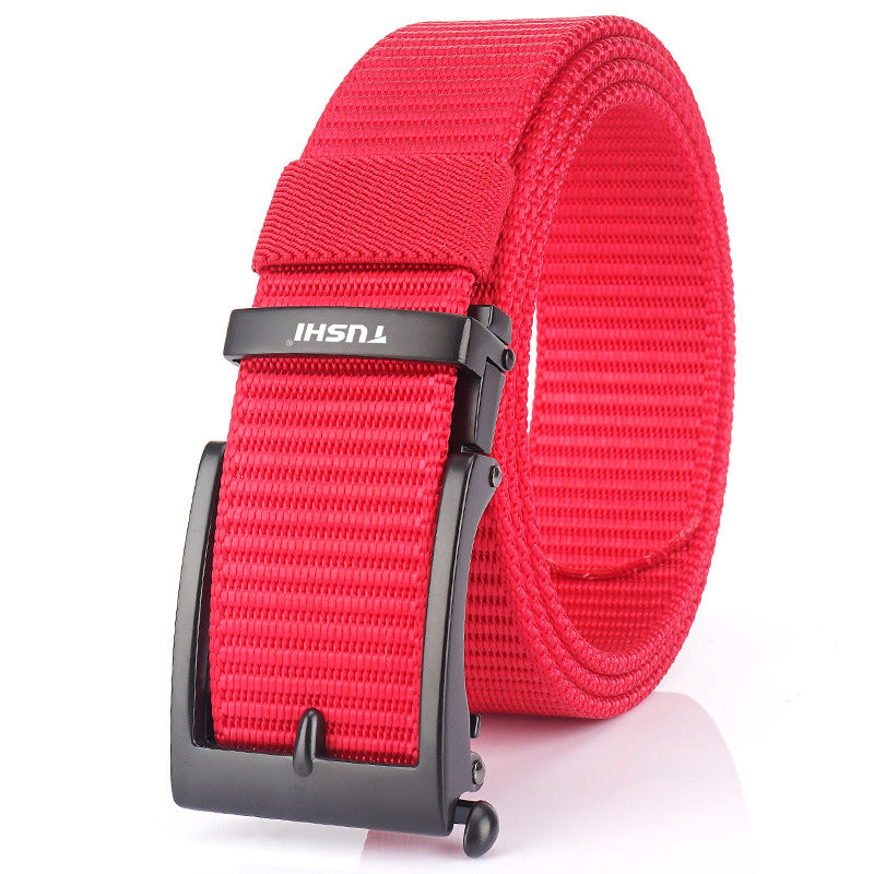 Men's Casual Fashion Automatic Buckle Canvas Belt in Black Buttons Red