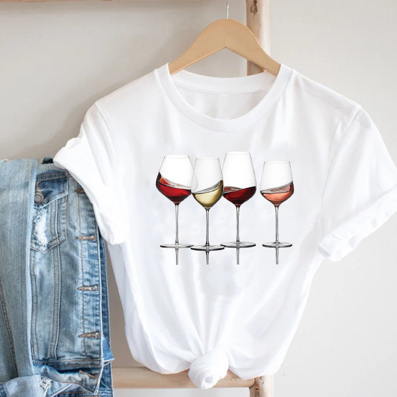 Women Printing Clothing Wine Lady Short Sleeve Casual in White