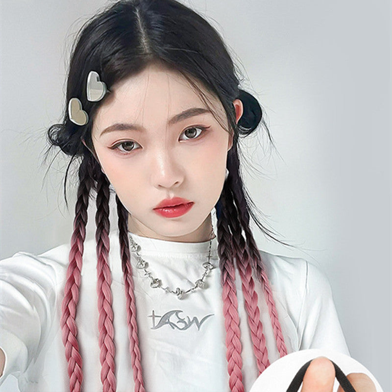 Women's Ponytail Sweet and Cool Hair Ring Wig Boxing Braids in Gradient cherry pink pair