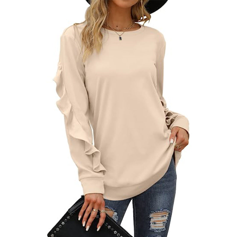 Women's Clothing Casual Round Neck Sweater Pleated Long Sleeve Top for Women in Pink