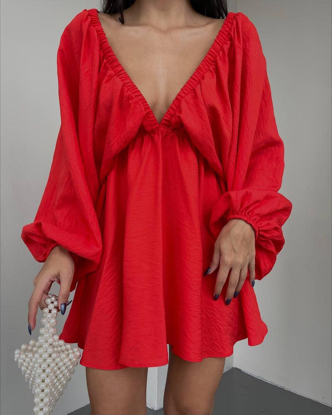 V-neck Lantern Sleeve Dress Fashion Loose Long-sleeved Dresses for Women Clothing in Purple