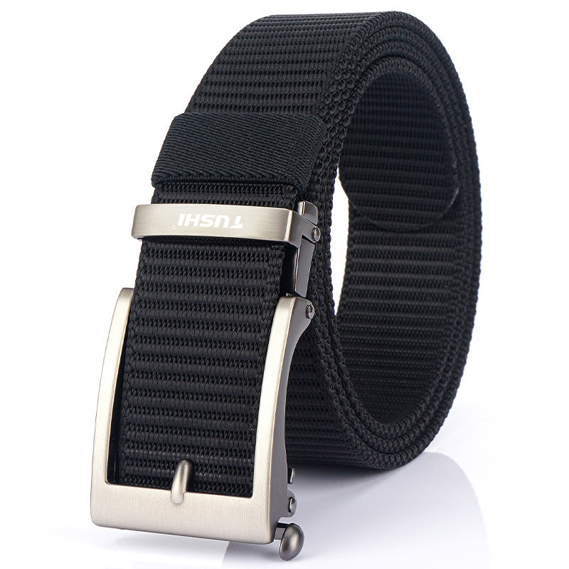 Men's Casual Fashion Automatic Buckle Canvas Belt in Silver Buckle Gray Brown
